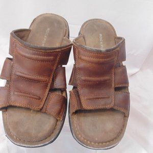 Rockport Sandals Mens 8 Slip On Slides Brown Leather Casual Open Toe Flats